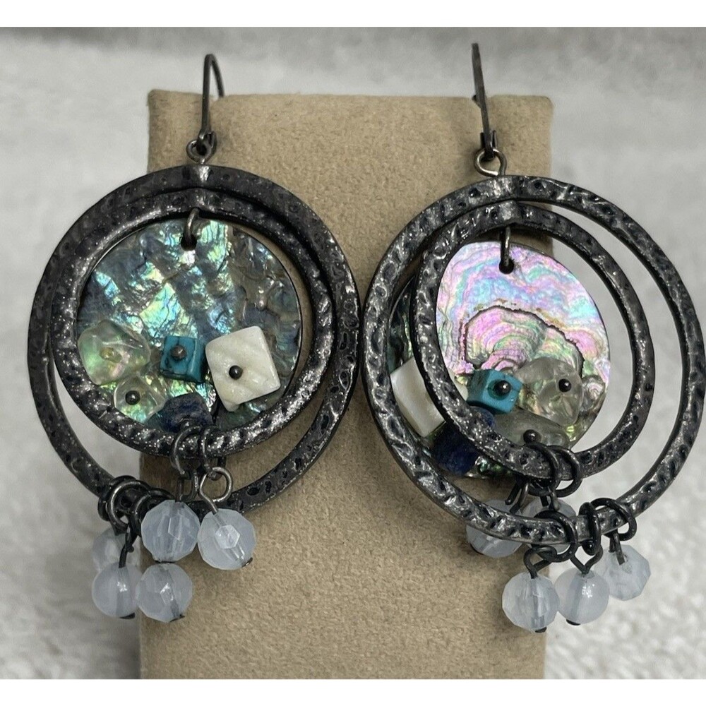 Abalone Hoops Turquoise Crystals Hammered